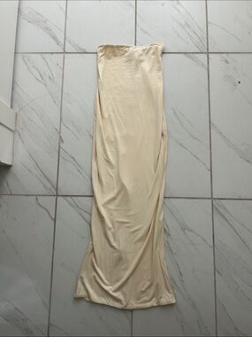 Oh Polly Strapless Cream Satin Maxi Dress